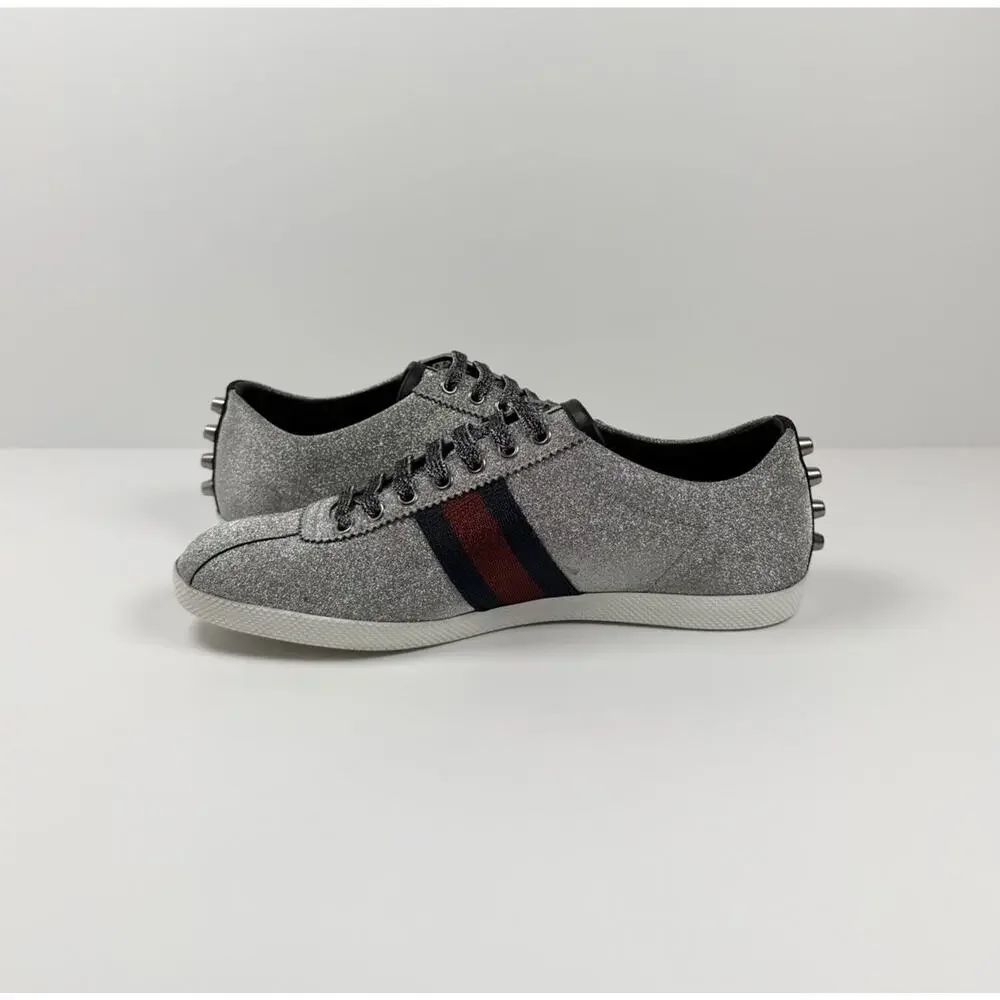 Size 8.5US - Gucci Bambi Web Silver Glitter Stud Sneakers